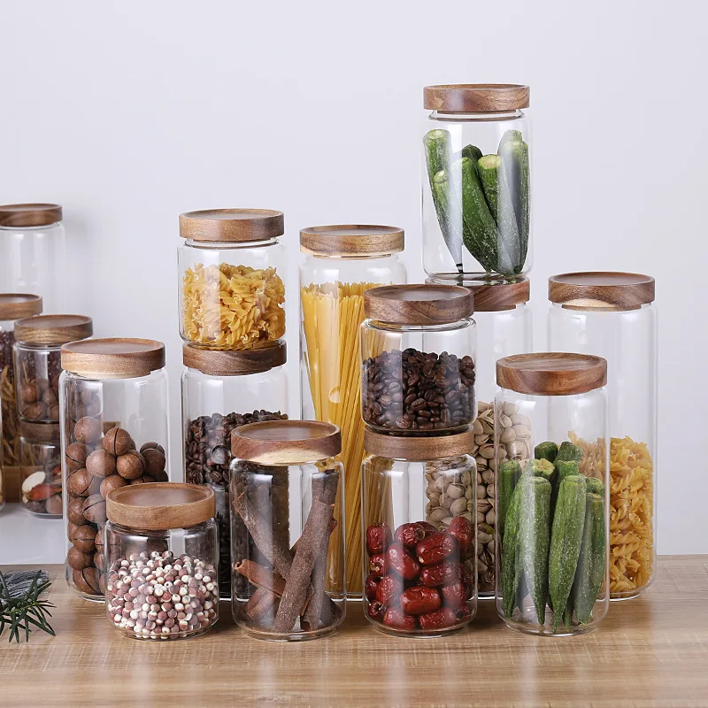 350ml 500ml 700ml 1000ml Customized Airtight Acacia Wood Lid Clear Handmade Kitchen Glass Food Storage Canister