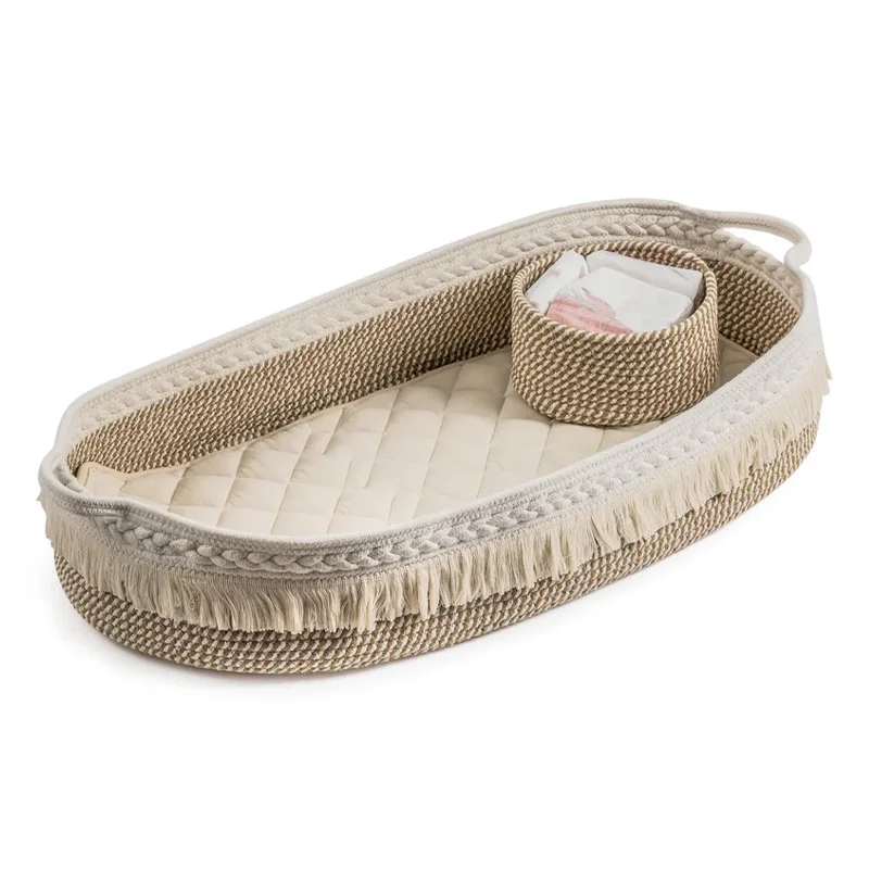 Baby Changing Basket Cotton With Pad Handmade Seagrass Change Basket Thick Foam Pad
