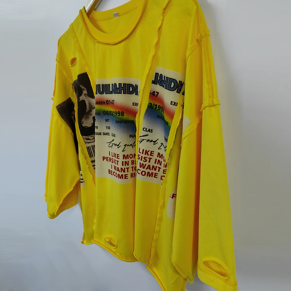 Huili New Trend Unisex Oversized Boxy Tshirts Custom Printing Men Reversed Stitching Spliced Panel Asymmetrical Raw Hem T Shirt