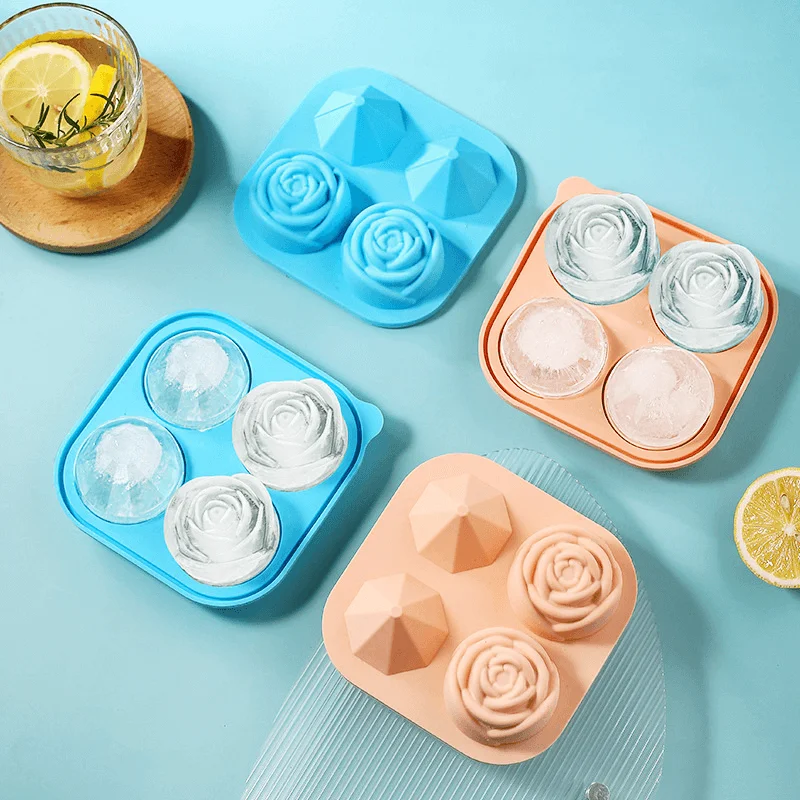 TAYHAO Rose Silicone Ice Tray  Diamond Flower Ice Cube Maker  Anti-leakage 4 Grids Reusable Ice Cube Maker 4 Cavity Large