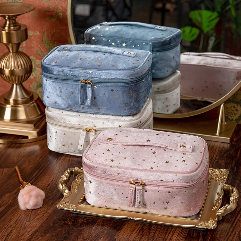New large-capacity portable embroidered velvet sustainable small fragrance travel red cosmetic bag
