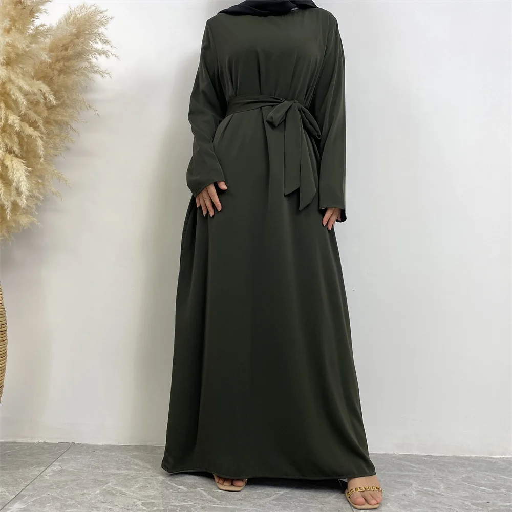 6597# Modest Fashion Muslim Long Dress with Side Pockets Nida Fabric Solid Color Women Clothing