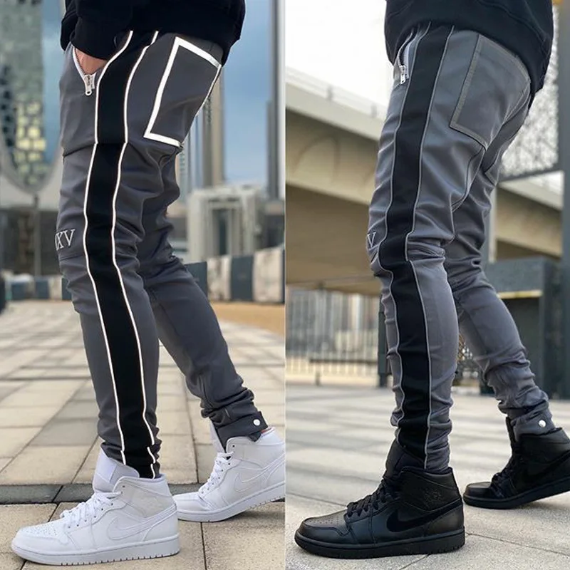 
2021 New Reflective Striped Muscle Trousers Hip Hop Sweatpants Mens Joggers Pants 