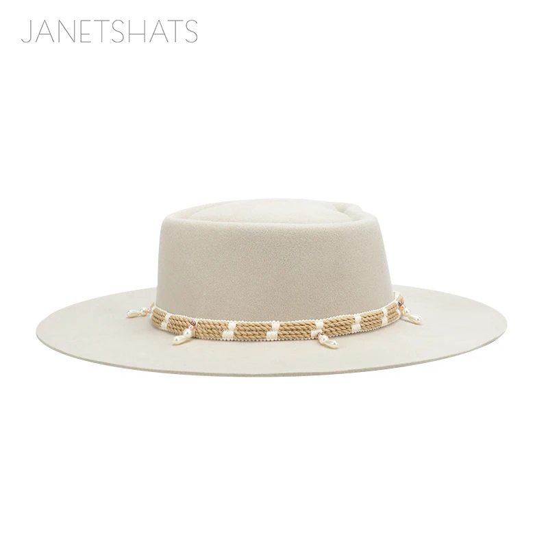Custom Vintage Design 100Australia Wool Felt Satin Lined Heart Prok Pie Fashionable Beige Wide Brim Fedora Hat With Rope Band