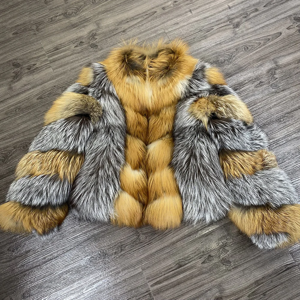 2023 Winter Warm Stand Collar Natural Fox Fur Jacket Women High Quality Long Sleeve Fox Fur Coat Ladies Streetwear