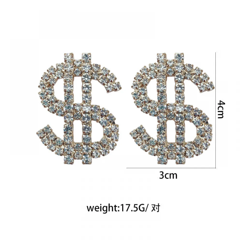 Hip Hop Women Fashion Jewelry Shiny Diamond Dollar Sign Large Rhinestone Stud Earrings