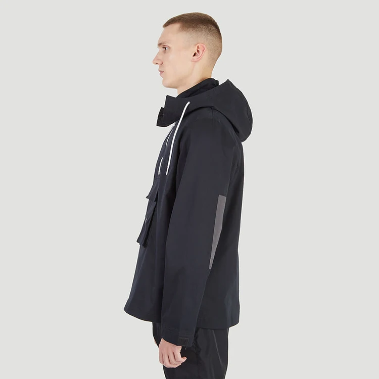 High Quality Custom 61%Cotton 39%Polyester Knitting Mens Stand Collar Anorak Pullover Jacket with Detachable Drawstring Hood