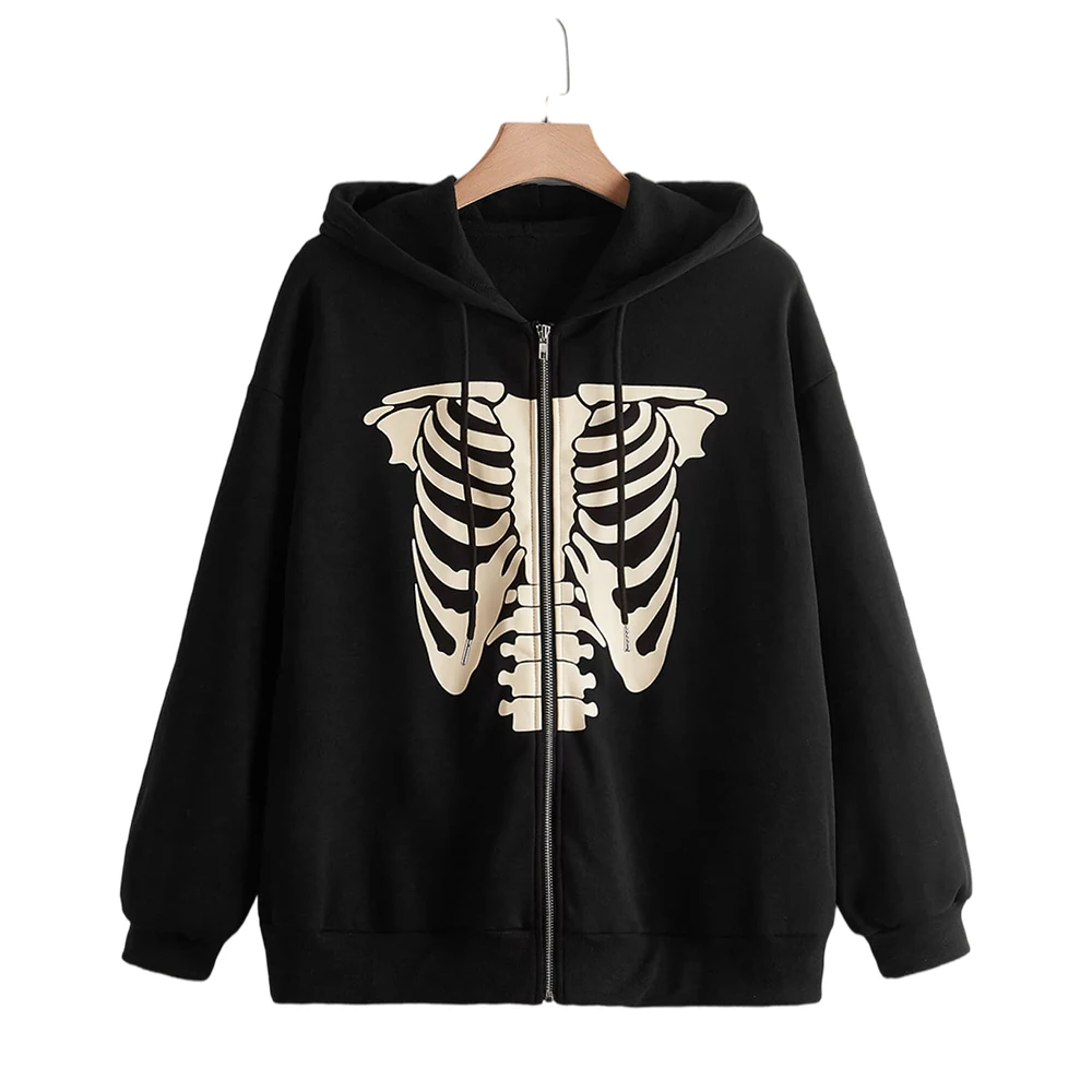 Модная женская толстовка с капюшоном и принтом скелета Shein большого размера с капюшоном с длинным рукавом и круглым вырезом зимняя женская толстовка большого размера