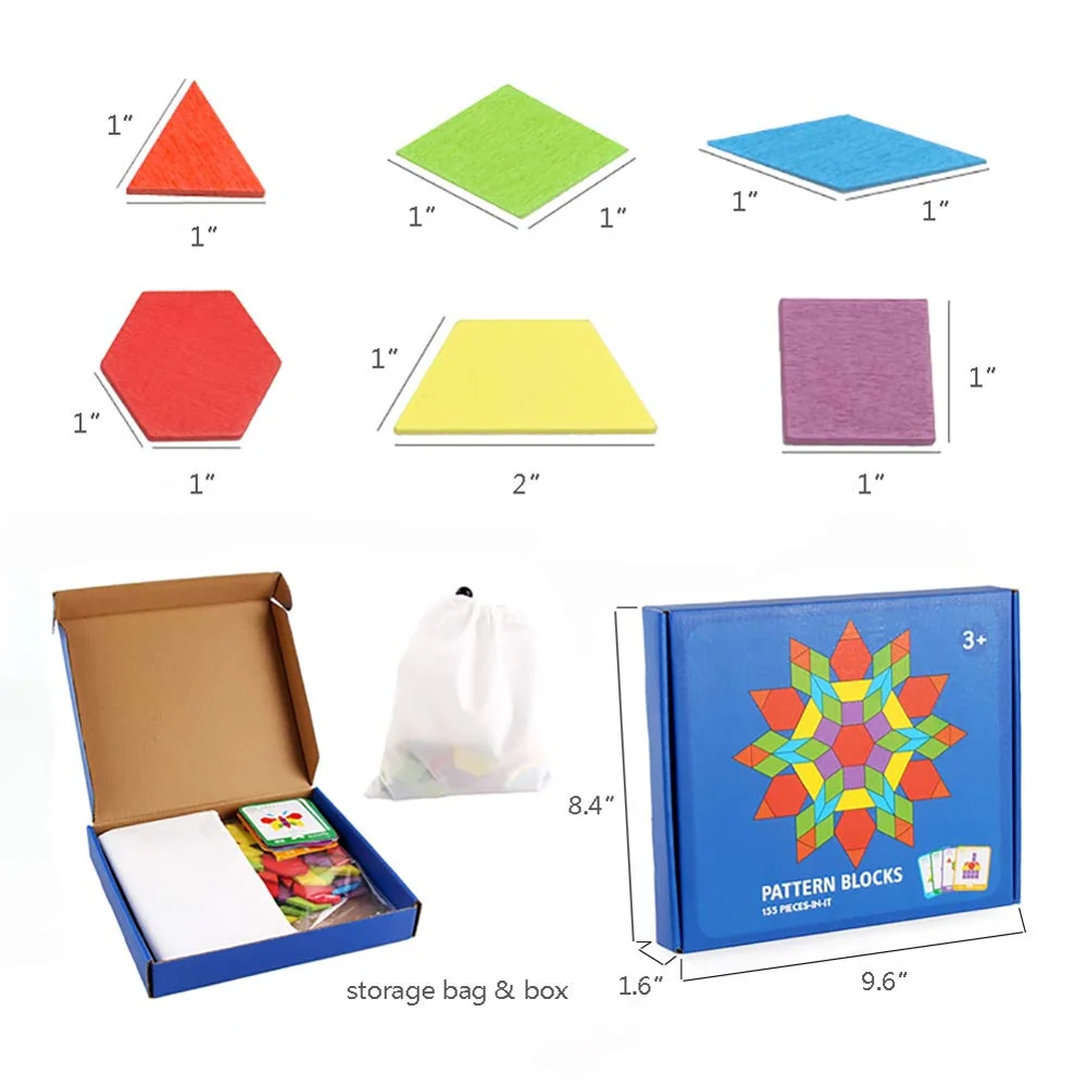 
155 Pcs wooden pattern blocks set geometric shape puzzle kindergarten classic educational montessori tangram toys for kids 