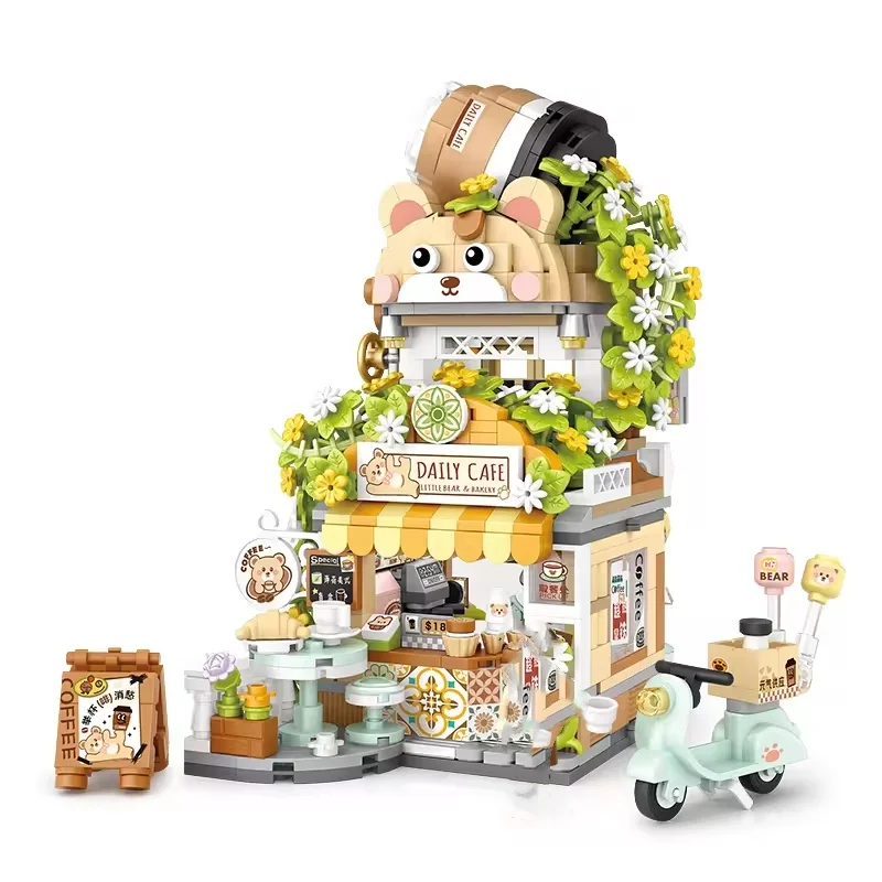 LOZ Mini Folding Block Street View Toy Panda Milk Tea Little Bear Cafe Assembly Block