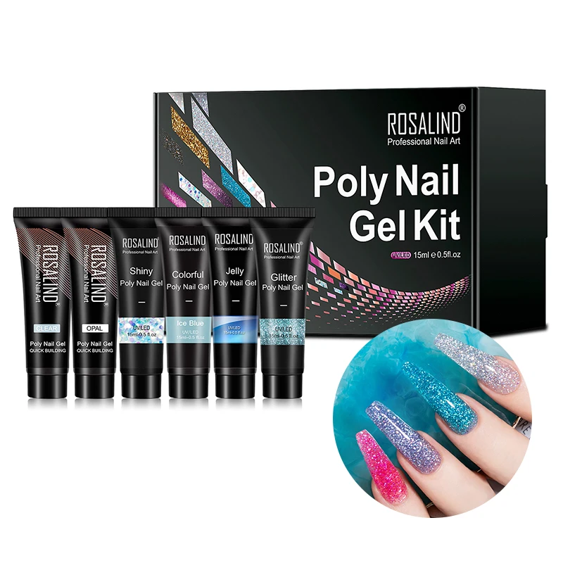 ROSALIND nail art salon oem custom logo 6pcs poly nail gel sets long lasting manicure starter gel polish kits for nail extension