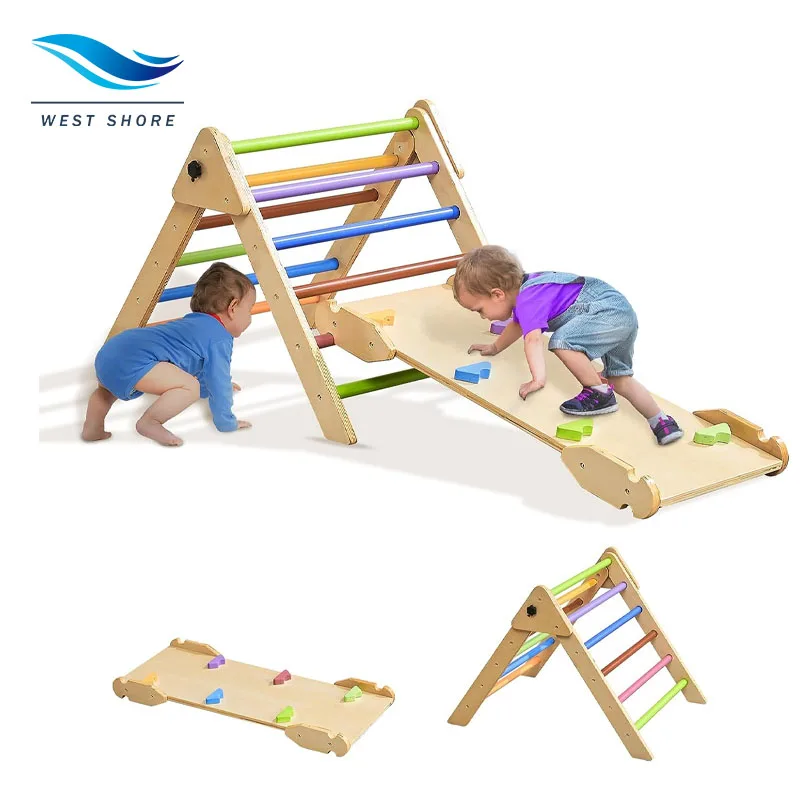 Montessori Climb Triangle With Ramp Indoor Playground For Kid Foldable Wooden Rainbow Climbing Frame Pickler Triangle Set