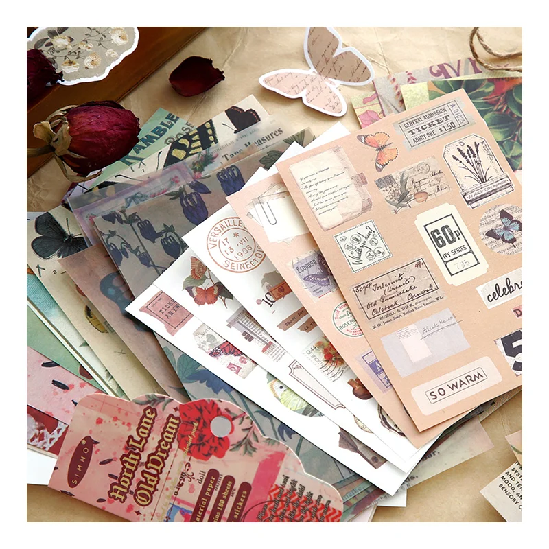 Simno 100pcs Scrapbook Supplies Kit Journaling Vintage Scrapbook Stickers DIY Retro Collection Paper for Art Crafts