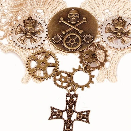 2023 New Vintage steam engine gear coffee color lace Skull Goth female Halloween necklace accessory