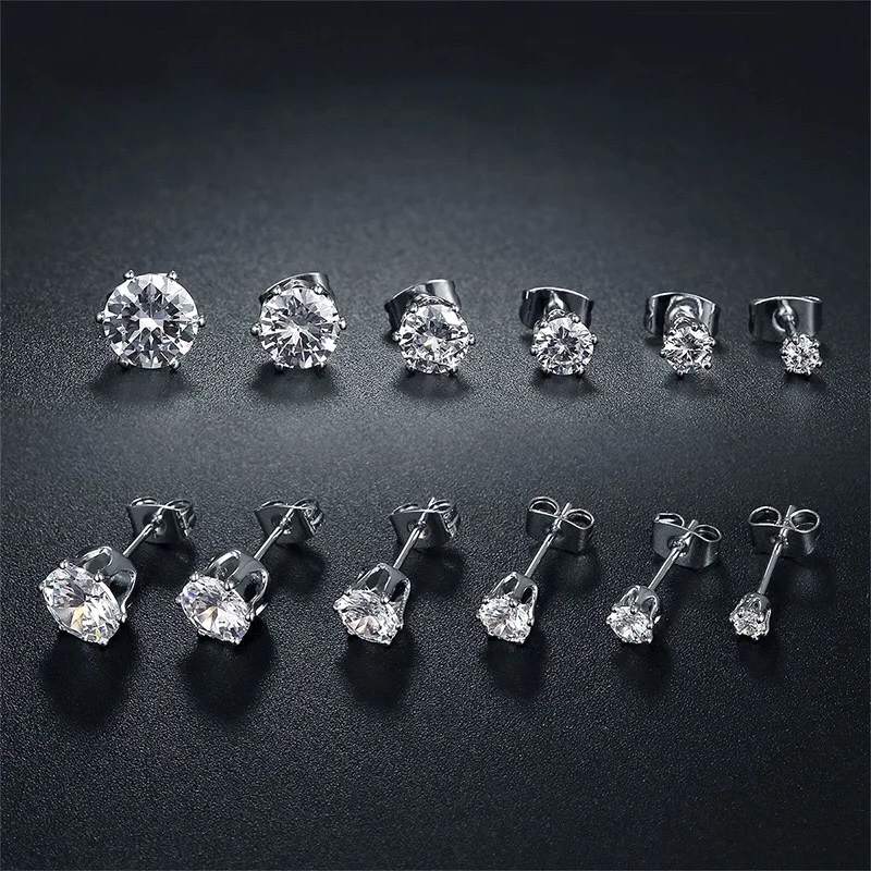 6 pairs Round Zircon Stud Earrings Stainless Steel Minimalist Simple Stone 3-8mm CZ Earrings for Women Men Unisex