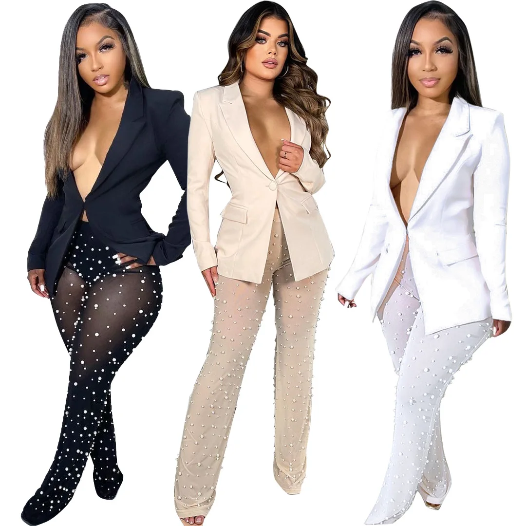 Think Wholesale Women Clothing 2022 Fashion Blazer And Beaded Pants Suit Two Piece Outfits Set