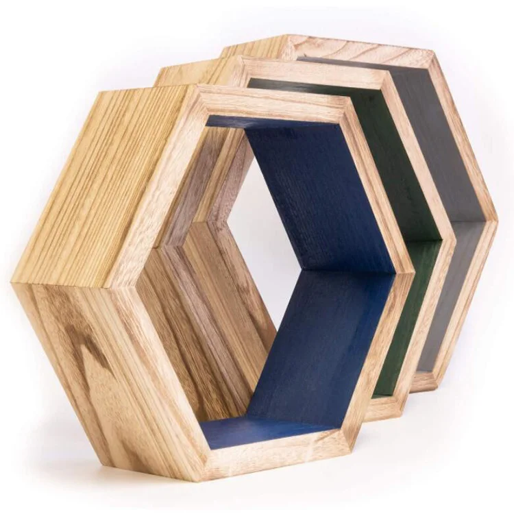 
Wooden Farmhouse Storage Hexagonal Floating Shelf Wall Decoration Wooden Floating Shelf 3-piece Set 