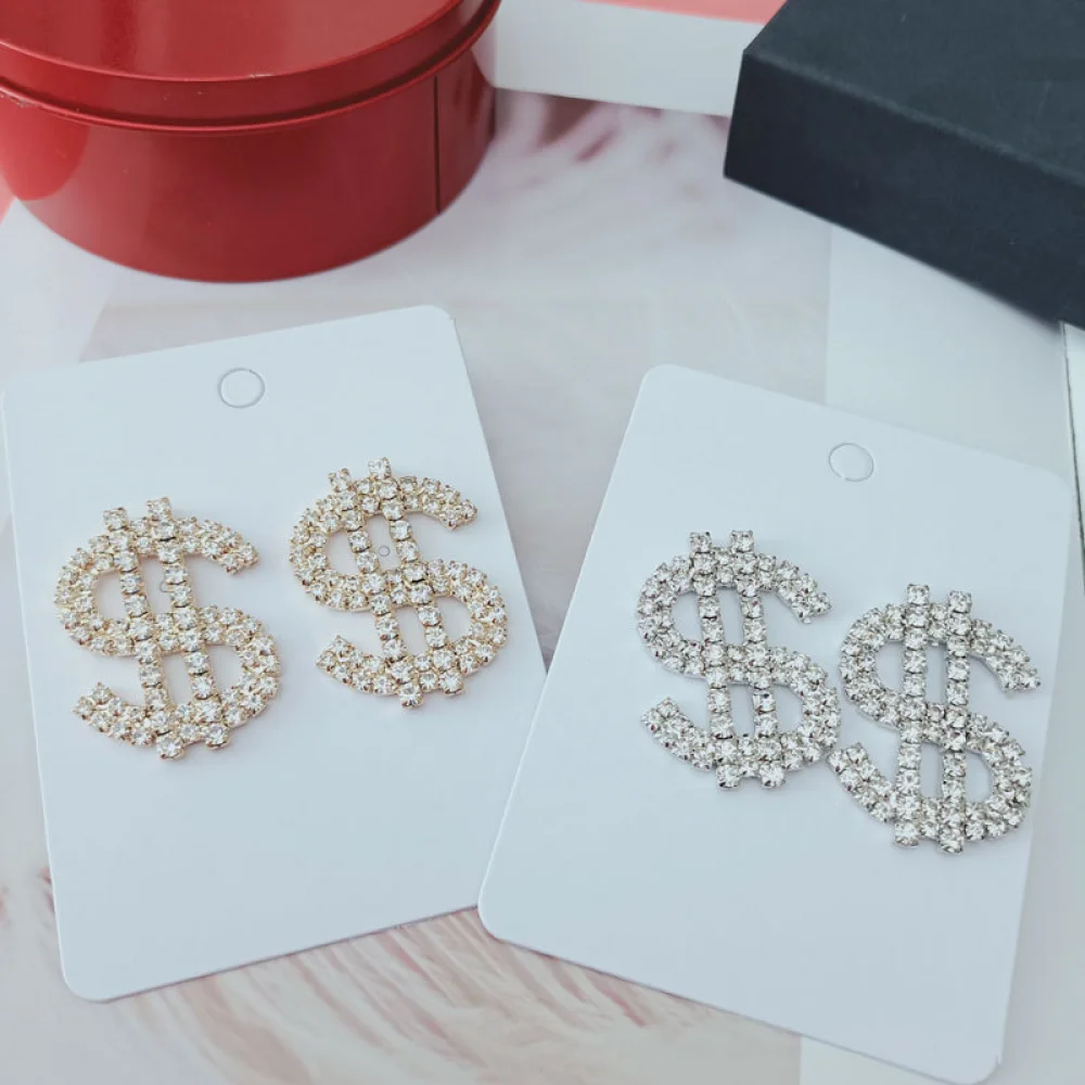 Hip Hop Women Fashion Jewelry Shiny Diamond Dollar Sign Large Rhinestone Stud Earrings