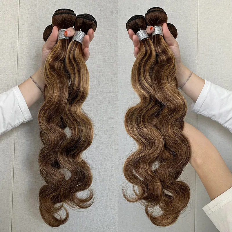 P4/27 Piano Highlight 100g Body Wave Bone Straight Brazilian Double Drawn Mixed Color raw Human Hair Weave Bundle with closure