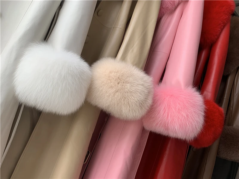 Luxury Fox Fur Collar Leather Trench Coat Woman Long Genuine Leather Trench Coats