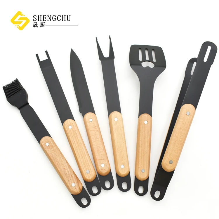 Black Stainless steel Barbecue Grill Utensil Tools 6 pieces Outdoor BBQ Tools Set with wooden handle