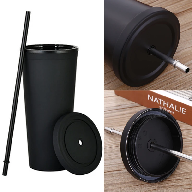Wholesale 22oz Travel Mug Plastic Matte Pink Black Coffee Cup Reusable Double Wall Skinny Plastic Tumbler with Lid and Straw