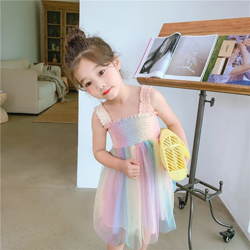 2022 Summer Princess Children Clothing Rainbow Tie-Dye Printed Strapless Lace Tutu Kids Sundress Girls Dress