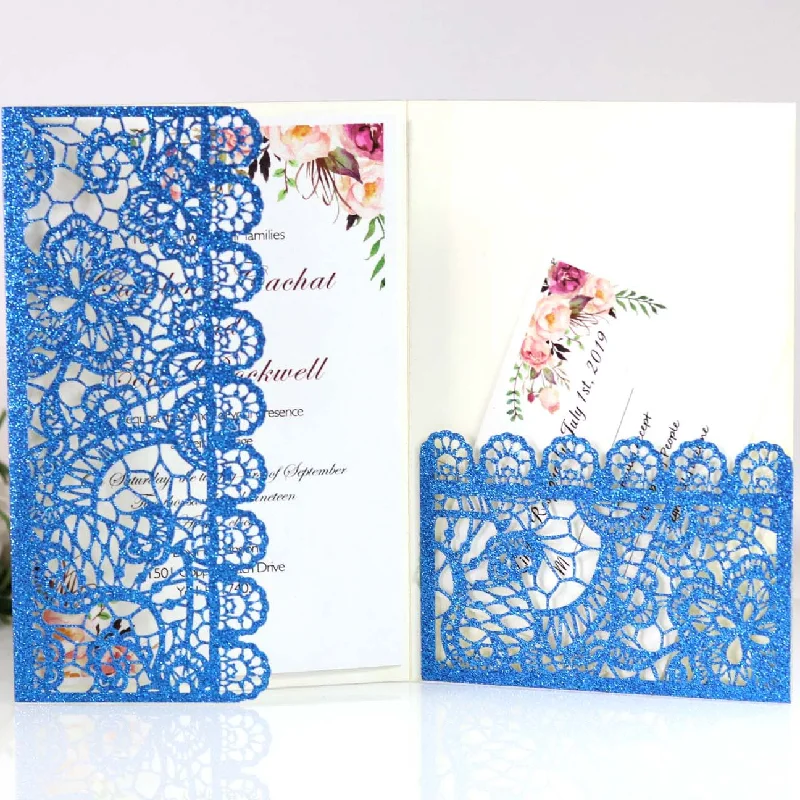 Wholesale shiny glitter paper hollow out lace pocketfold elegant modern chinese wedding invitations