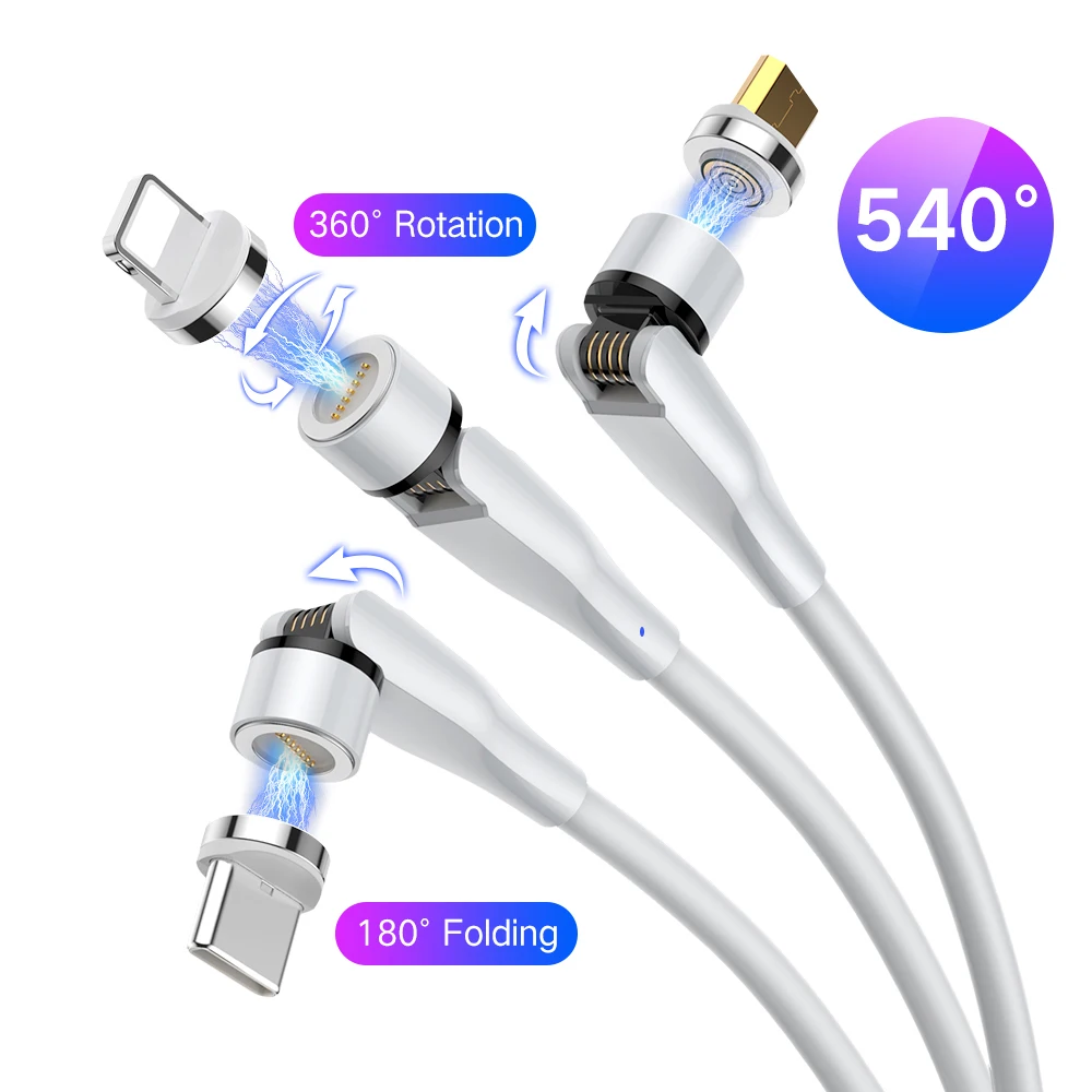Магнитный вращающийся USB-кабель для зарядки, USB-шнур, кабель 3 в 1, зарядное устройство, беспроводной зарядный адаптер, быстрая зарядка, магнитный светодиодный кабель для телефона