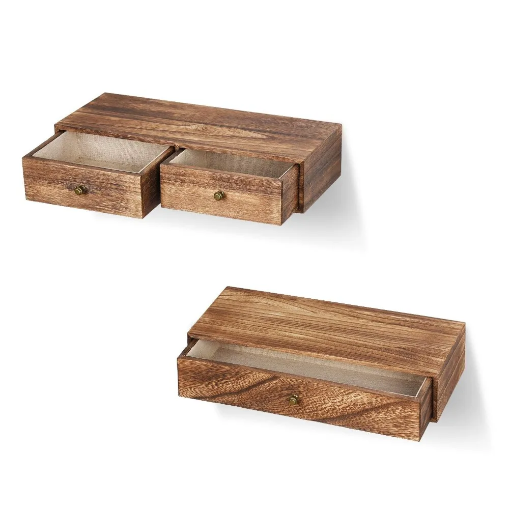 
Floating Shelf with Drawer Rustic Wood Wall Shelves for Storage and Display Set of 2 
