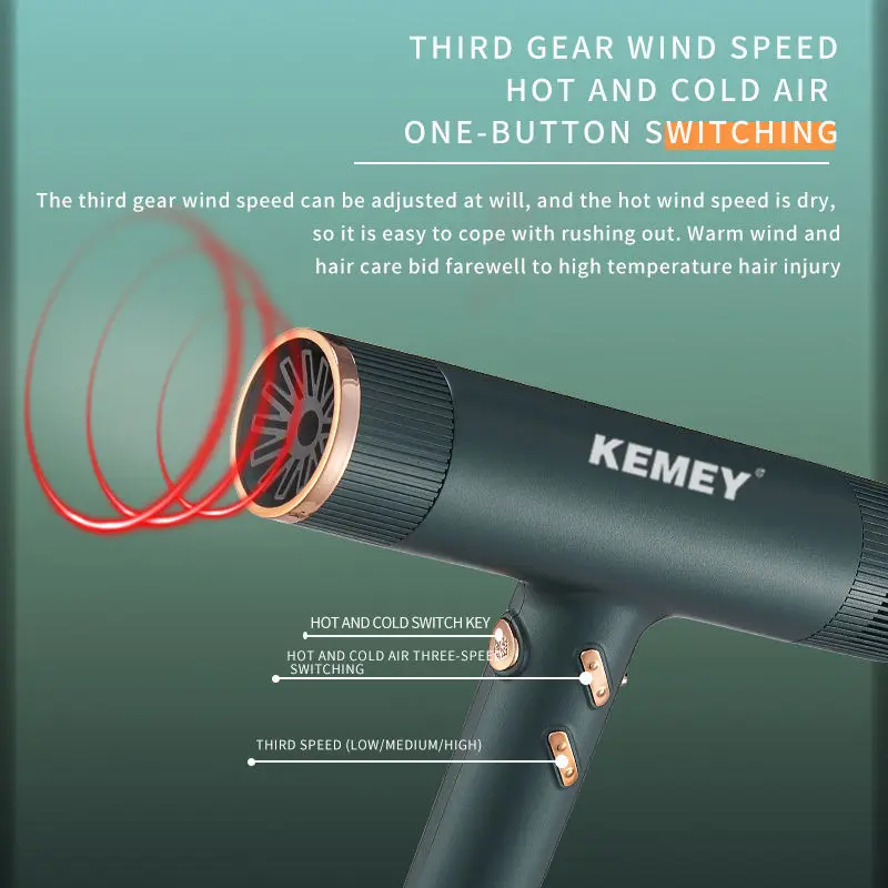 KEMEY KM-2062 Fast drying 110000RPM High Speed Hair Dryer 1500W Blow Dryer Negative lon Hair Care Styler Low Noise Hairdryer