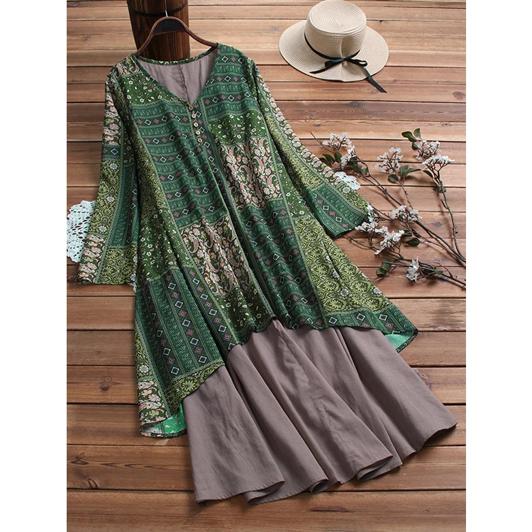 Ladies Casual Dress Light Green Floral Patchwork Layered Linen Blend Midi Long Floral Dress