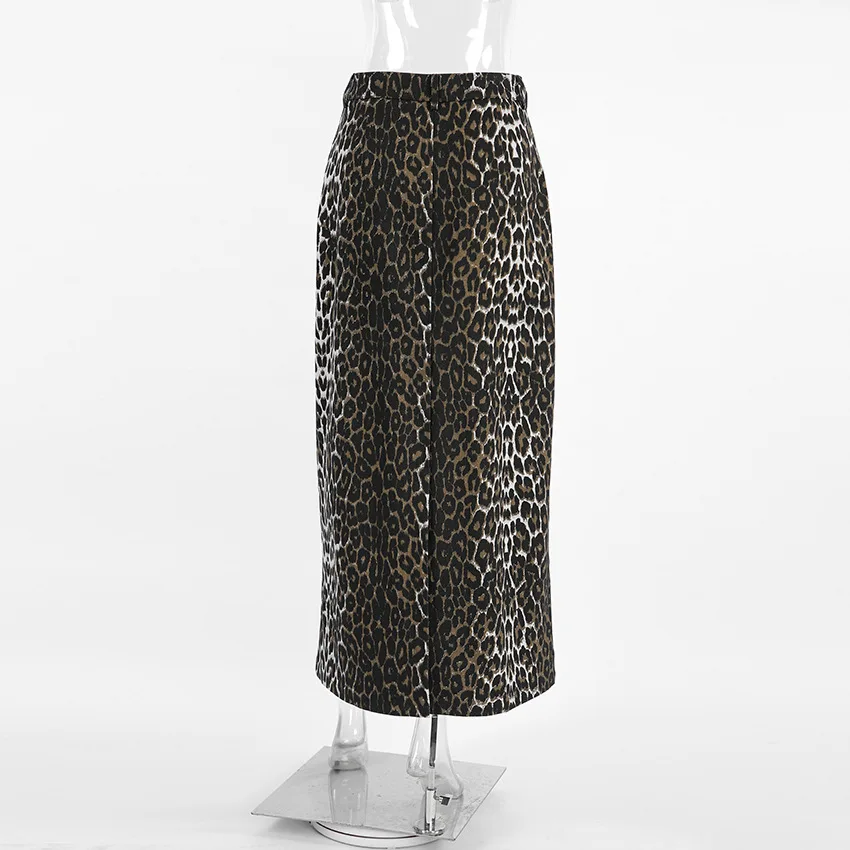 RedPeony Summer Office Split Skirt Cotton Female 2024 Street Chic High Waist Long Skirt Vintage Leopard Print Straight Skirts