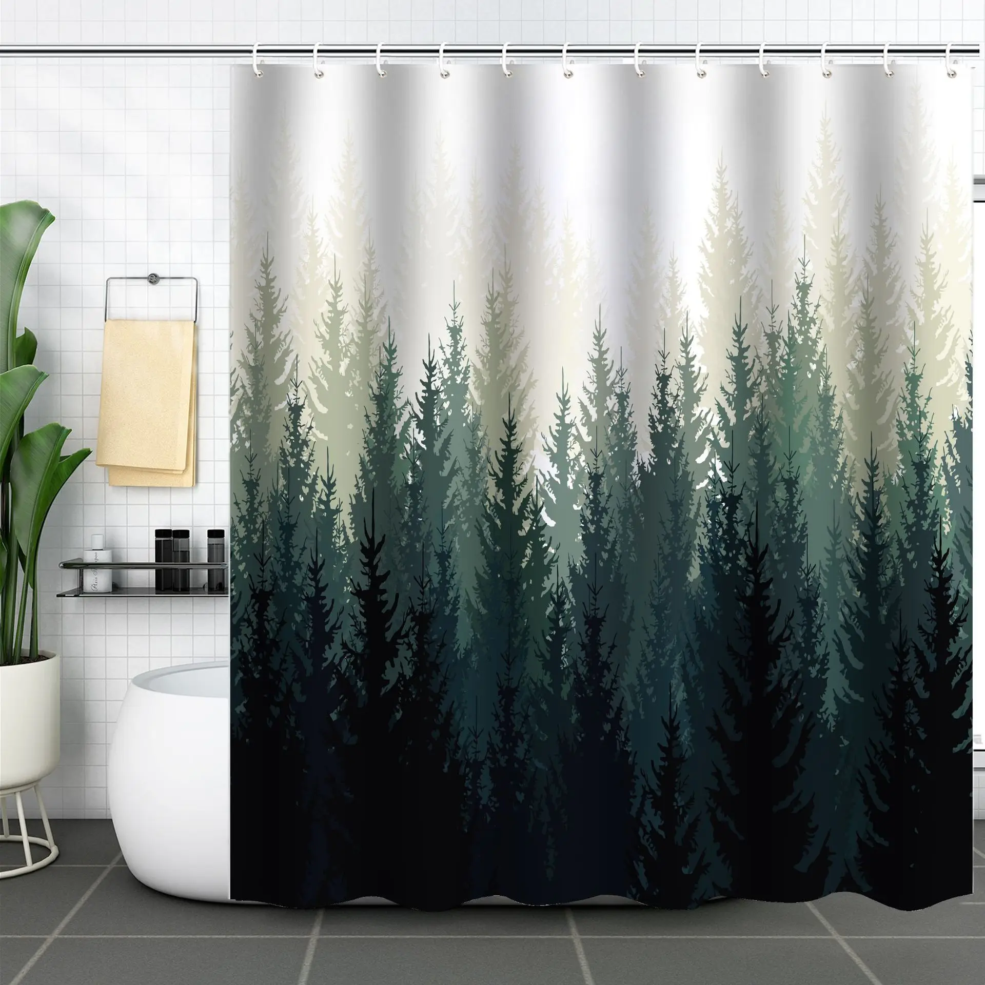 Polyester Waterproof Printing Mountain Misty Forest Tree Woodland Hooks Printed Shower Curtain For Bathroom