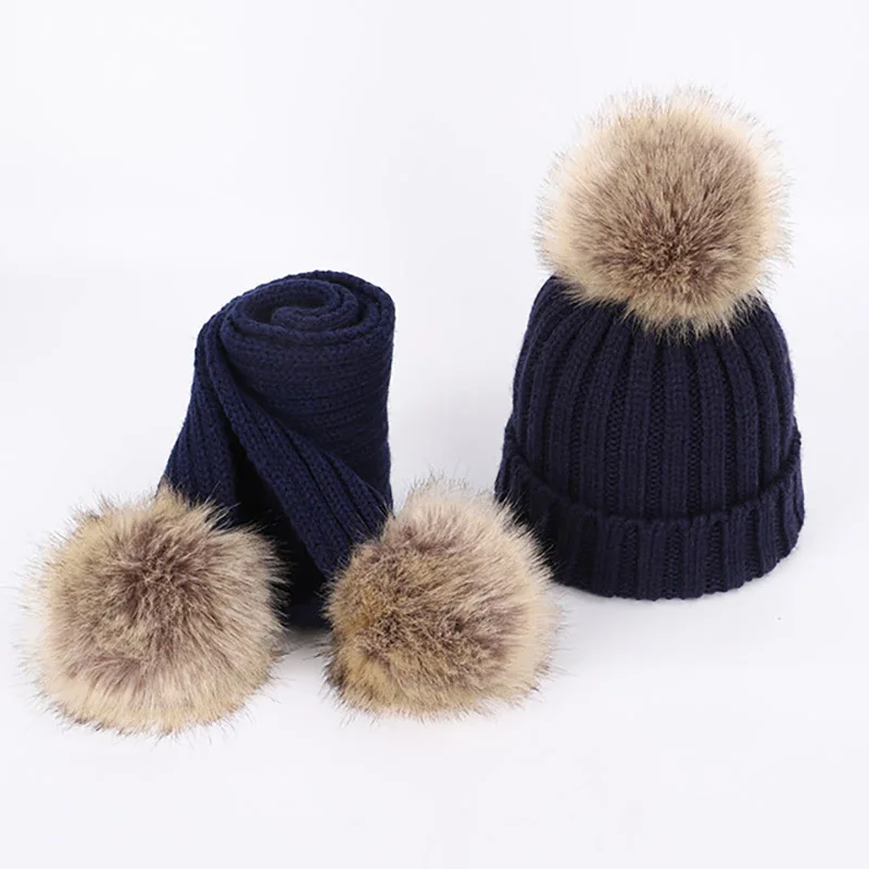 Модный новый детский шерстяной комплект шапка шарф для мальчиков и девочек утолщенный большой шерстяной шарик вязаный комплект шапки для защиты ушей