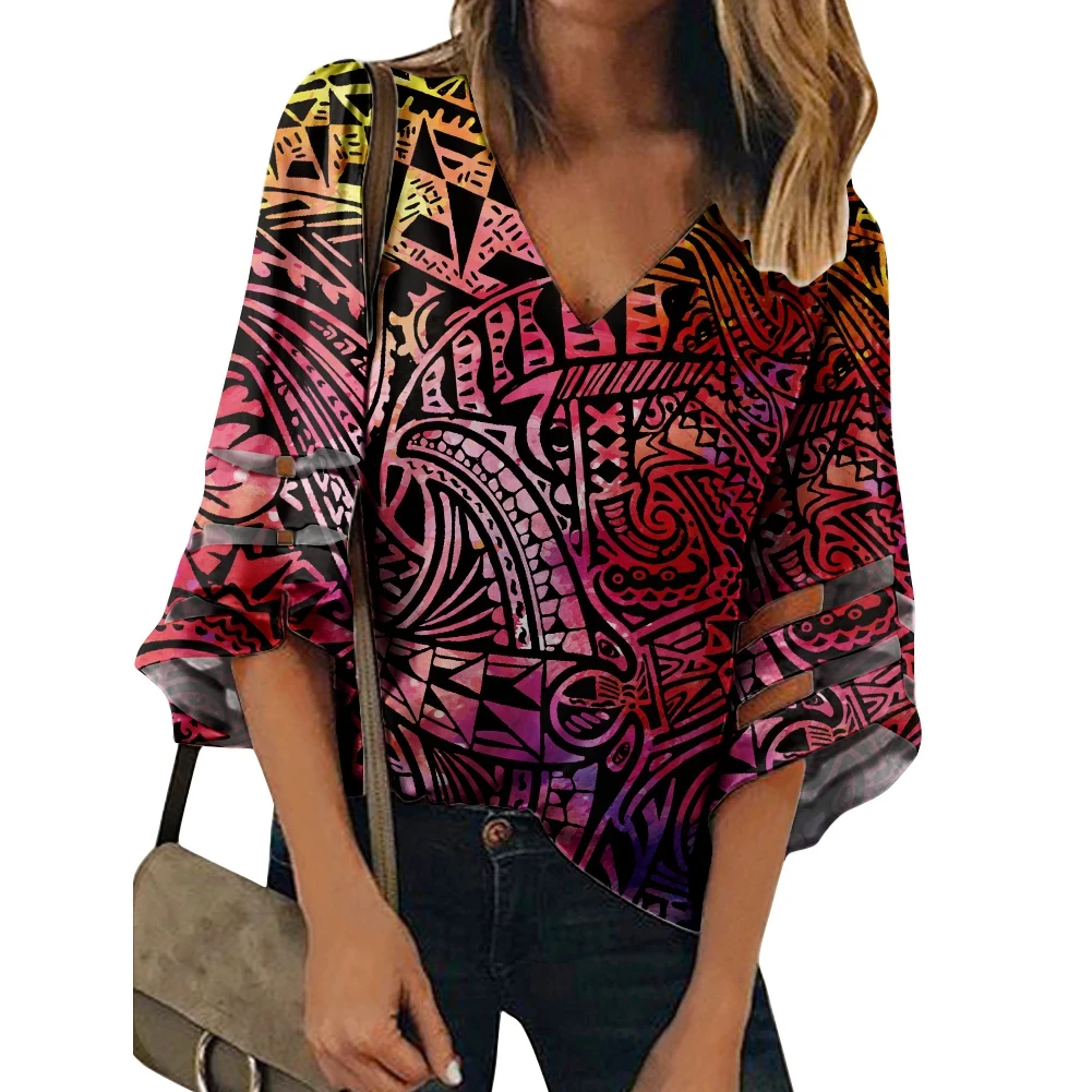 Drop Shipping Hibiscus Flower V-neck Chiffon Top For Women OEM Polynesian Design Ladies Chiffon Satin Vintage Tops Shirts Blouse
