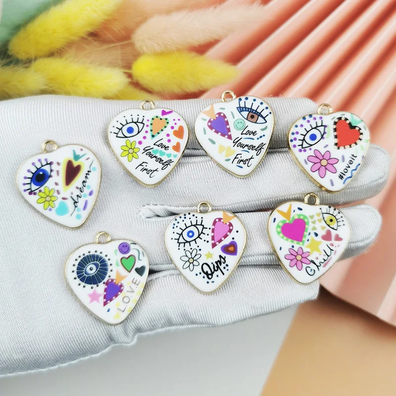 Wholesale Supply Metal Alloy Enamel Printing DIY Heart Charm Pendant Bracelet Chain Necklace Customized Accessories Jewelry