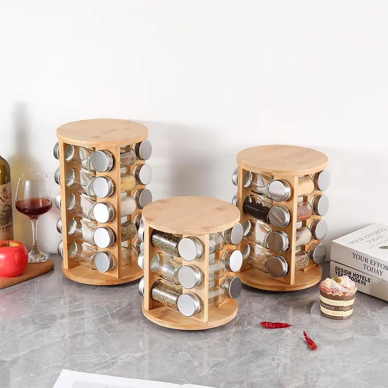 Nature Bamboo Round Spice, Rack Seasoning Jar Holder Spice Organizer for Kitchen/