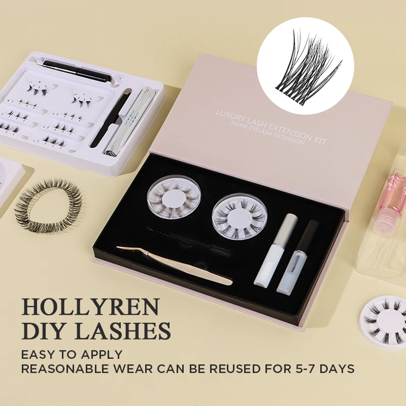 Hollyren 0.1mm Korean Silk Lashes Private Label Diy Segment Eyelash Extensions Kit With Latex Free Glue