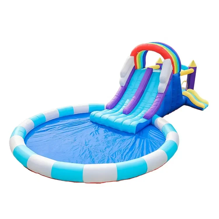 Wholesale combo inflatable bouncy moonwalk jumping castle three lane water slide with big pool inflatable water slip and slide