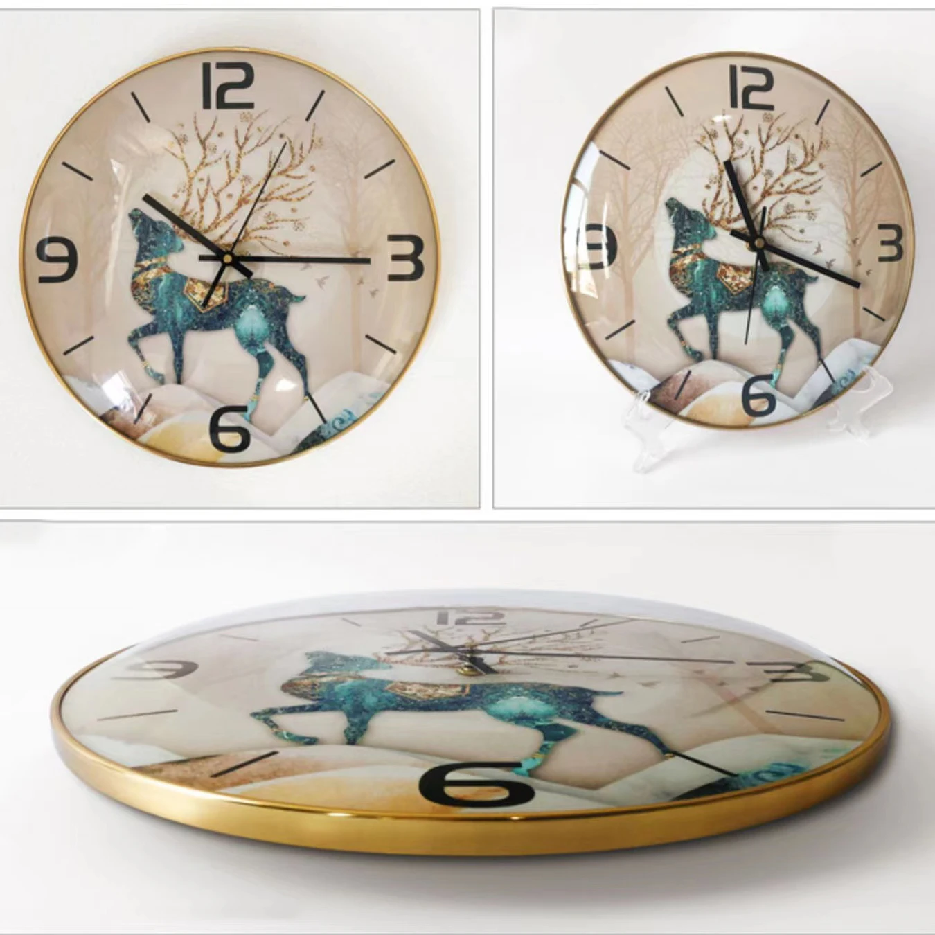 12 дюймов, скандинавский Хрустальный фарфор, круглые бесшумные настенные часы, дизайн оленя, настенные стеклянные часы