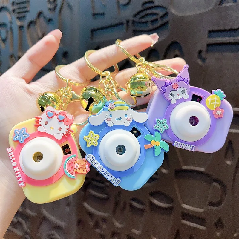 New Hello Kitty Camera Projection Bell Keychain Pendant Paratrooper Buckle Creative Kuromi Camera Keychain
