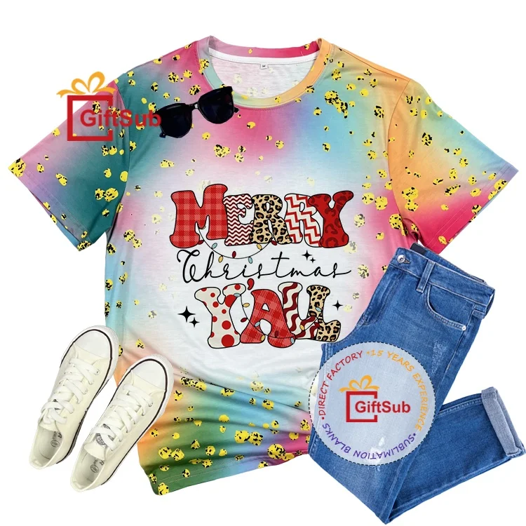 Hot Sale Christmas Design Custom Print T-shirt American Unisex Size 100 Polyester Bleach Shirt Sublimation Faux Bleached T-shirt