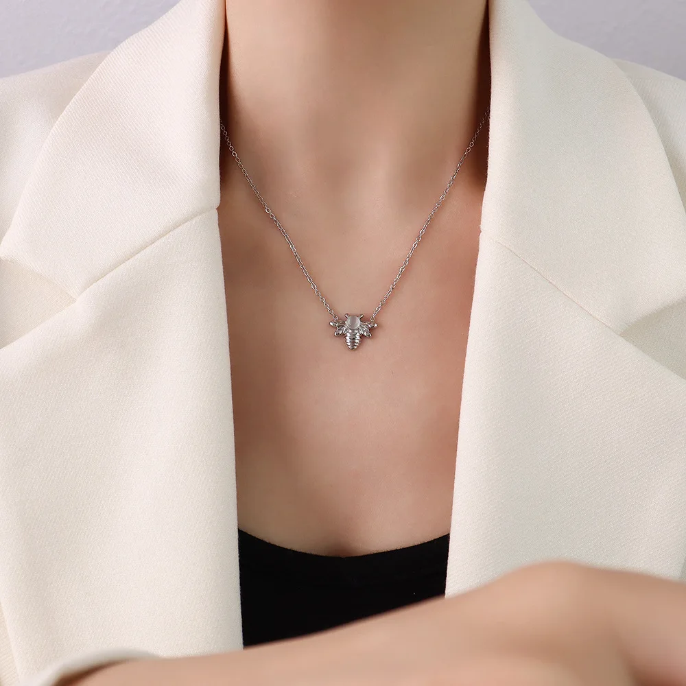 Simple 18K Gold Plated Titanium Steel Women Cute Animal Honeybee Opal Pendant Necklace