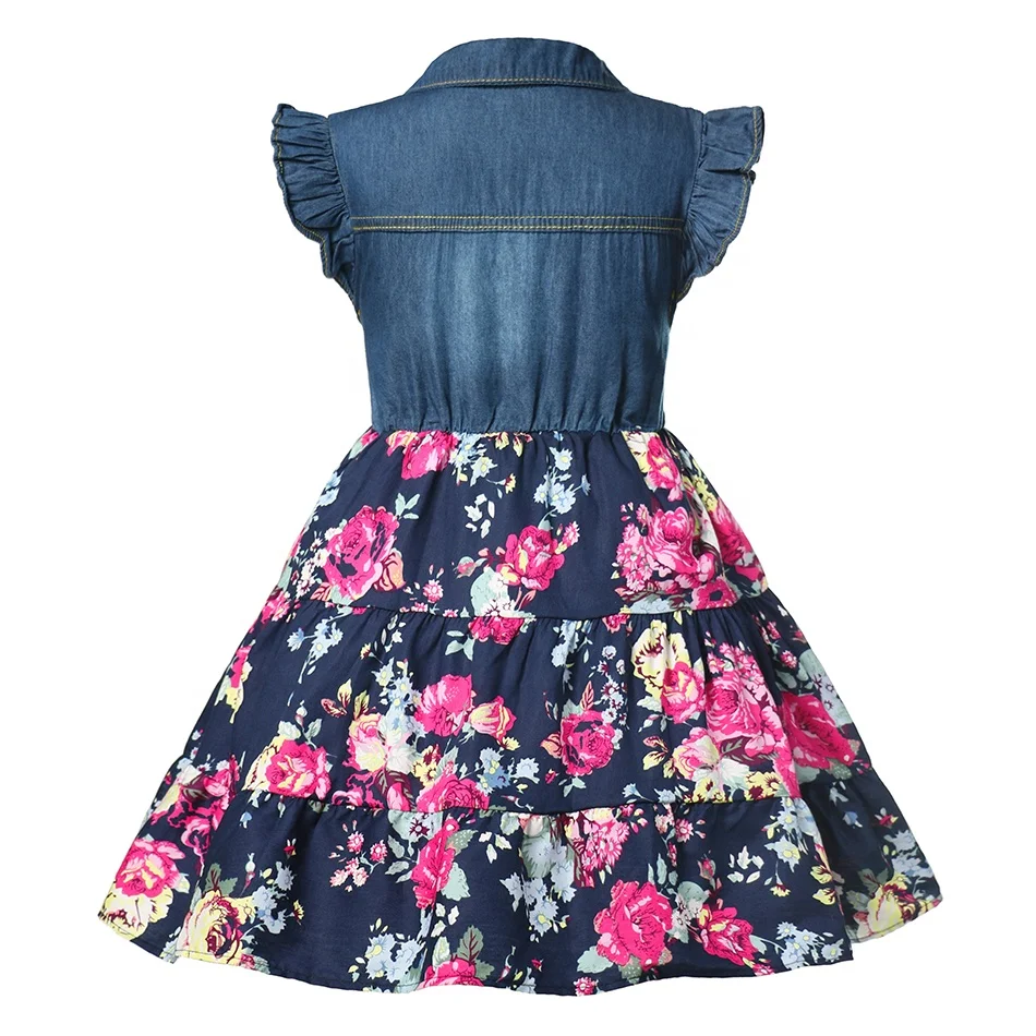 
hot selling bow knot blue sweet casual floral denim summer little girl dress toddler girl summer sets 2pcs 