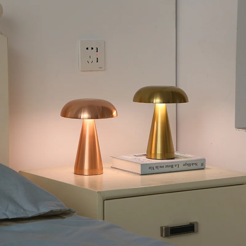Silver-Three-Color Stainless Steel Charging Table Lamp Small Mushroom Design with USB Charging Capability