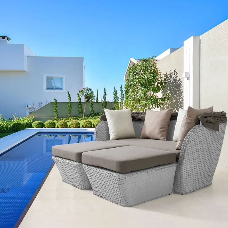 Modern Leisure Patio Garden Wicker Day Bed Sunbed Outdoor Poolside Rattan Chaise Lounge Aluminum Daybed with Canopy