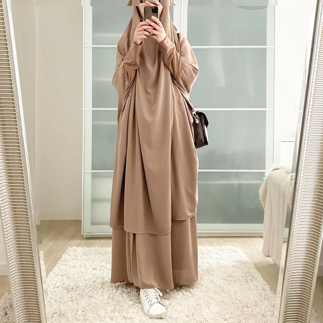New Arrivals Plain Color Chiffon 2 piece Closed Abaya Set with Hood Silk Islamic Clothing Women Black Muslim Pants Long Dress
