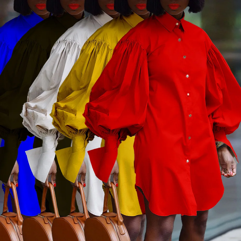 JY37 2022 popular oversized t shirt dress Puff long sleeves  women casual solid color office dress shirts