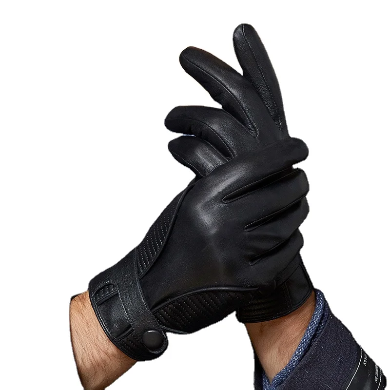 
High Quality Original Design Fashion Winter Wool Cashmere Lined Touchscreen Mens Black Leather Driving Gloves 